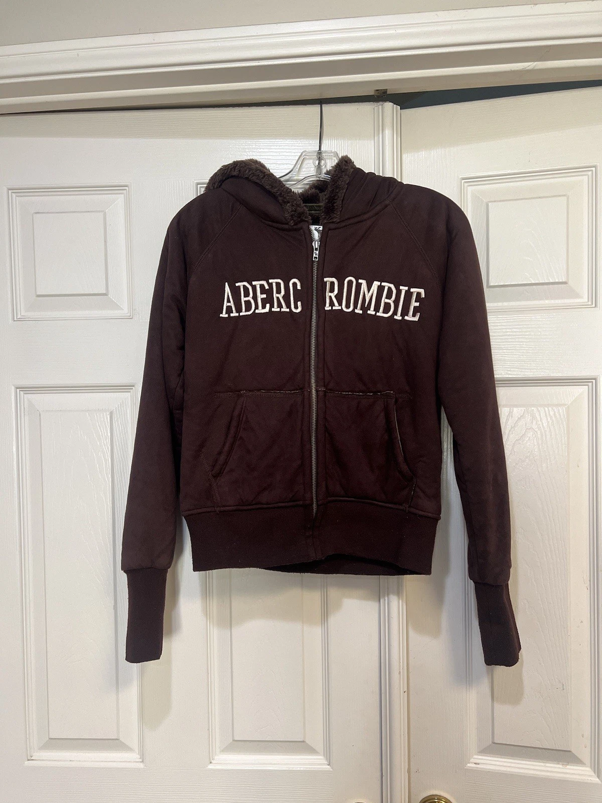 Abercrombie & Fitch VNTG Brown Fur Lined Full Zip Hoodie Jacket Y2K Women Large