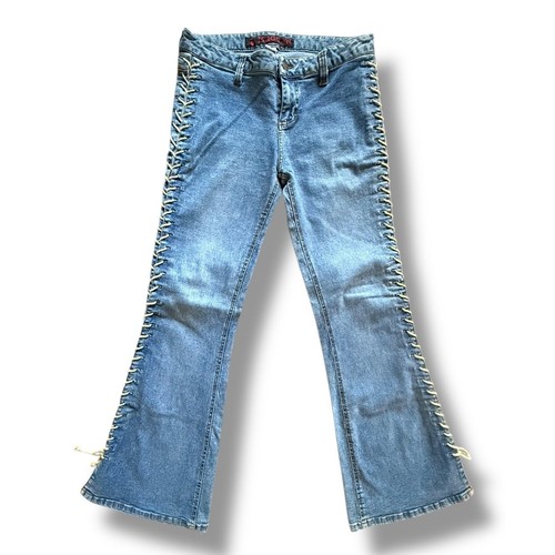 Rare Vintage Y2K Mudd Yo! Lace Up Jeans Low Rise Flare Bell Bottoms Hip Hugger