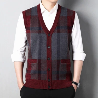Herren Strickweste Kariert Pullover Strickjacke Tanktops Ärmellos - Bild 1 von 4