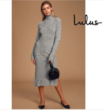 Lulus Sheerah Turtleneck Sweater Midi Dress Heather Gray Size Medium NWT