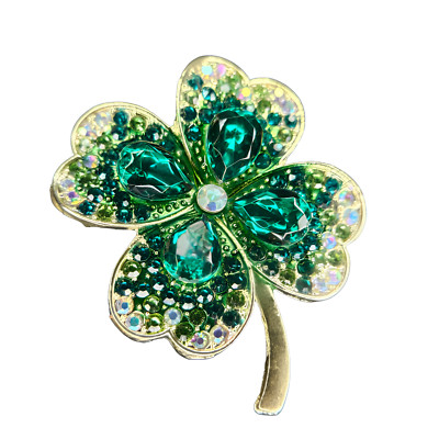 Lucky Irish Clover Brosche Vintage Look grün Kleeblatt vierblättrige Kristall...