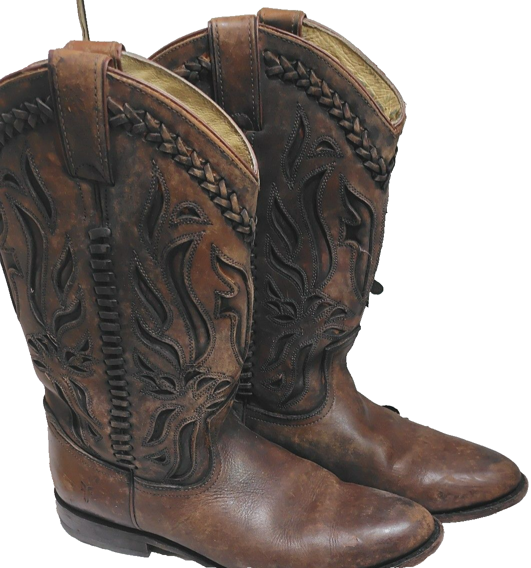 FRYE Western boots cognac US:10 Made in Mexico with box Y2K Ornate Braided