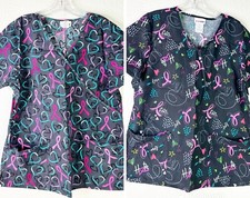 Scrubstar Large Cancer Pink Ribbon Scrub Tops Lot Of 2 Black Pink Heart GUC