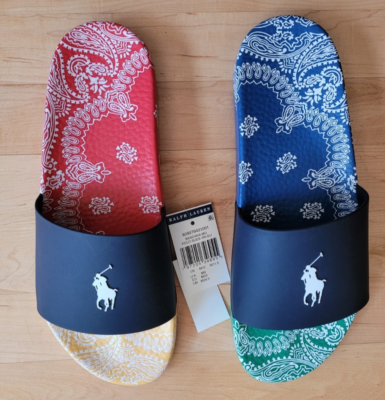 Polo Ralph Lauren PATCHWORK BANDANA PRINT BIG PONY Slide Sandals - size 8-13 Polo Ralph Lauren Blue PATCHWORK FLORAL PRINT BIG PONY Slide  main image 2