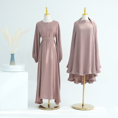 Muslim Women 2Pcs Set Abaya Dubai Kaftan Long Dress Large Headscarf Prayer  Niqab | eBay