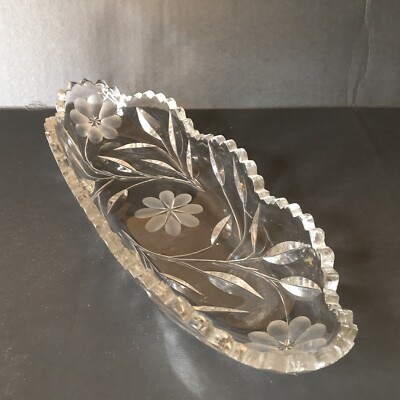 Cut Crystal Oblong Dish For Celery Pickles Relish Flowers Leaves Sawtooth Edge