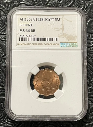 EGYPT, 1938 BRONZE 5 MILLIEMES. KING FAROUK. NGC MS 64 RB. RARE.
