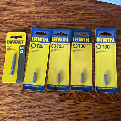 4 Irwin Torx Power Bit, 2-T25 & 2 T30 Plus 1- Dewalt T25 Bits
