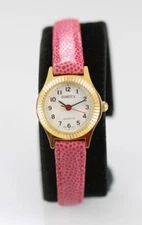 Quartex Women Watch Gold Stainless Steel WR Pink Leather Battery White Quartz