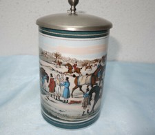 Bierkrug mit Zinndeckel  - Porzellan - "adeliger Pferdesport" von E. Liegl