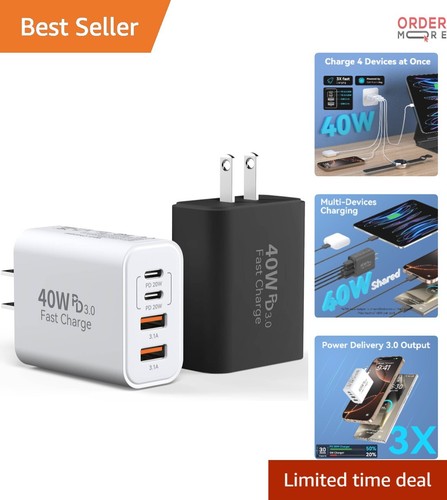 USB C Charger Block 2-Pack 40W 4-Port Fast Charging Multi Device Power Supply