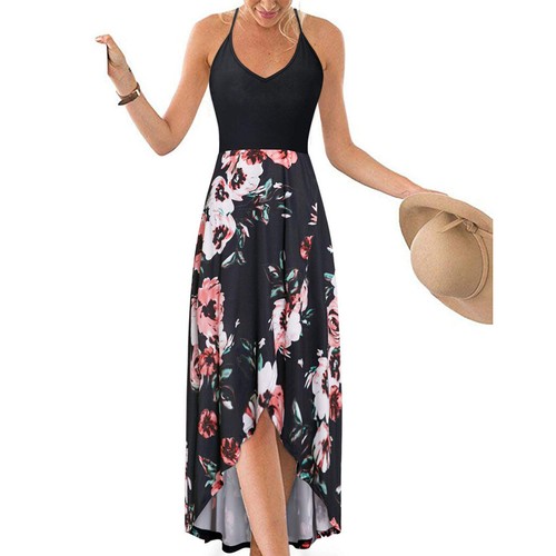 Print Kleid V-Ausschnitt Ärmellos Sling Rückenfrei Colorblock - Bild 3 von 7
