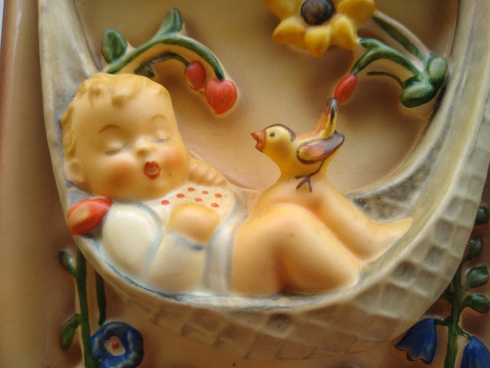 Sleeping Baby Plaque Lullaby Swaying in Tree Bird and Flowers Hummel Signed - Image 2 of 4