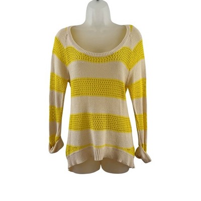Roxy Sweater Womens XL Yellow Stripe Open Knit Scoop Neck Pullover Lightweight