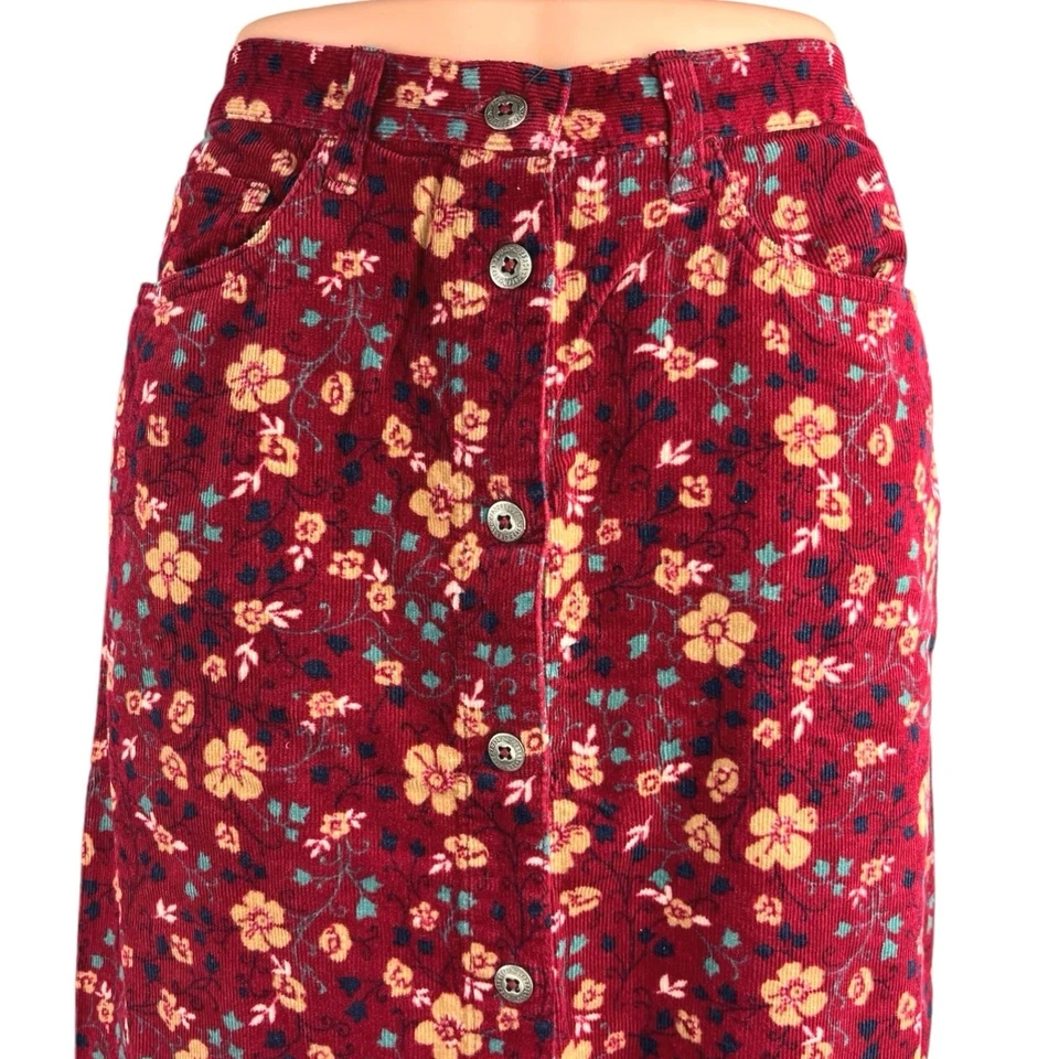 Maxi Falda Vintage Bobbie Brooks Roja Floral Pana Cintura Alta Botón Talla 6 Foto 4 de 4