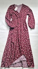 BNWT Mango Floral Midi Wrap Dress Burgundy Plum Red Long Sleeve Size S UK 8 Boho