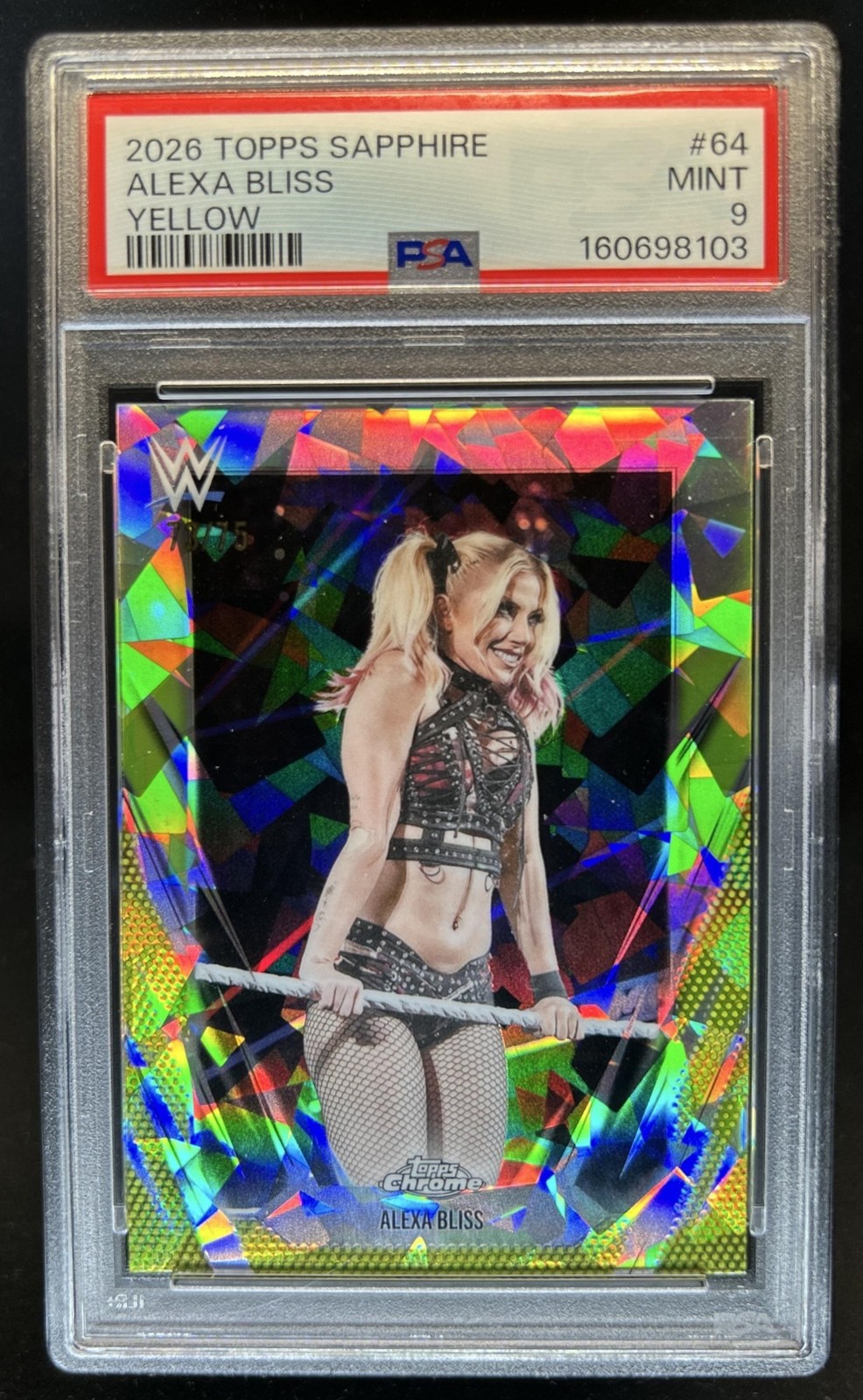 2026 Topps Chrome WWE Sapphire Alexa Bliss Yellow Refractor #/75 PSA 9 view 1