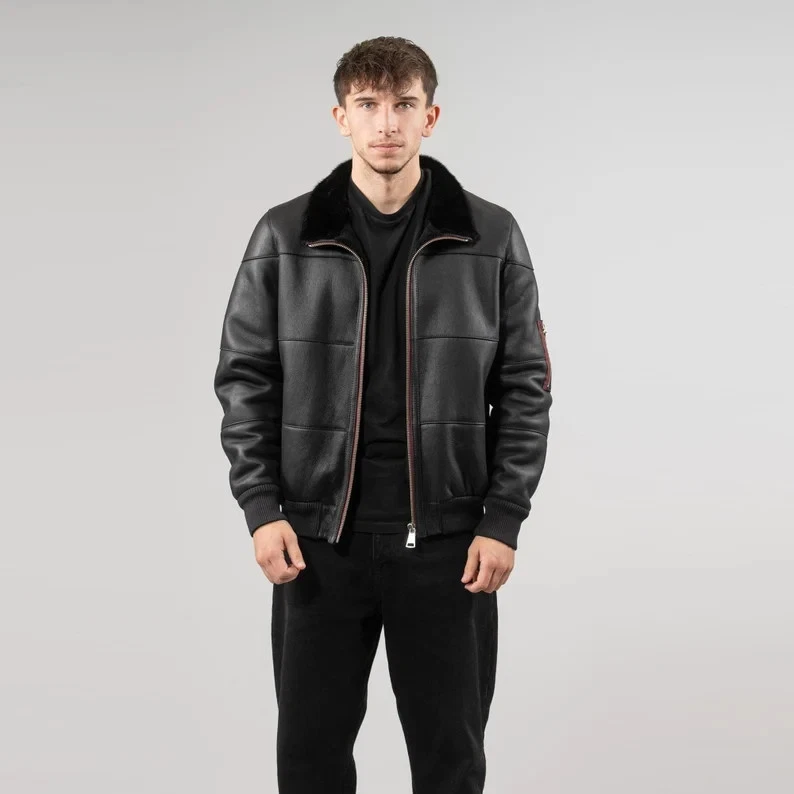 Men’s Shearling Black Aviator Bomber Leather Jacket Luxury Streetwear overcoat