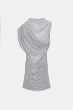 Zara Short Mesh Dress With Rhinestone Cape Silver XL Size