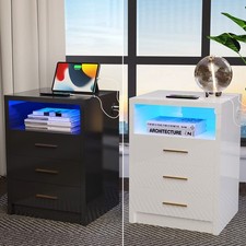 Modern High Gloss Bedside Table 3 Drawers Nightstand Cabinet LED With Charging