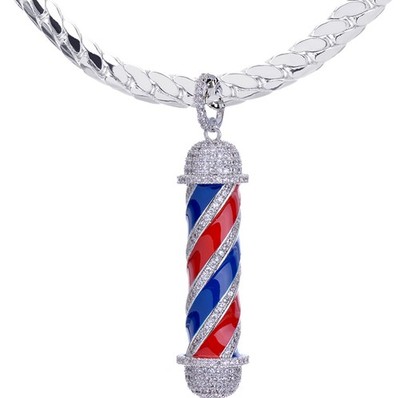 Silver Plated Iced Barber Shop Pole Pendant 24'' Miami Cuban Chain BCH 15108 S