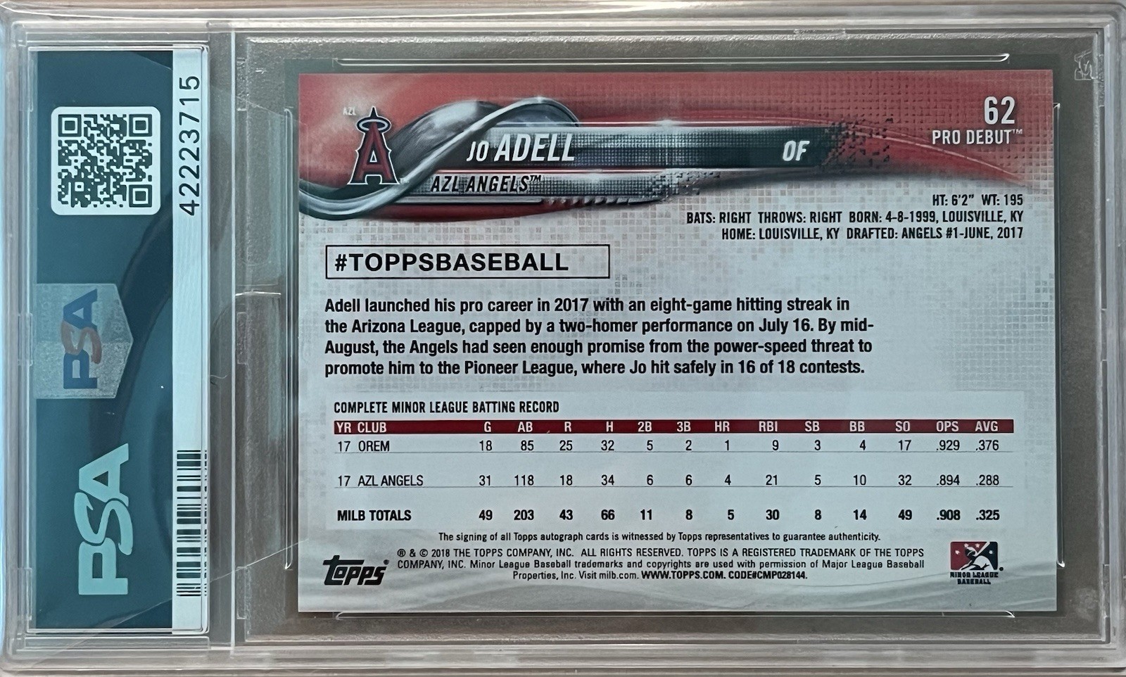 2018 Topps Pro Debut Jo Adell Auto Rookie RC PSA 10 ROOKIE Angels #62 view 2