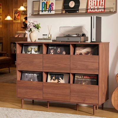 Record Player Stand Media Console Table, 6-Drawer Vinyl Storage Cabinet (6-Leg)
