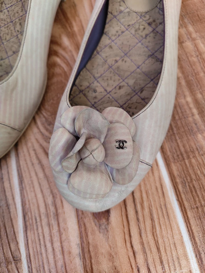 Bailarina plana Chanel de cuero a rayas cambón con lazo UE 36,5 EE. UU. 6 Foto 4 de 4