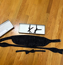 Robert Talbott Pure Silk Black Geometric Jacquard Cummerbund & Bow Tie Set