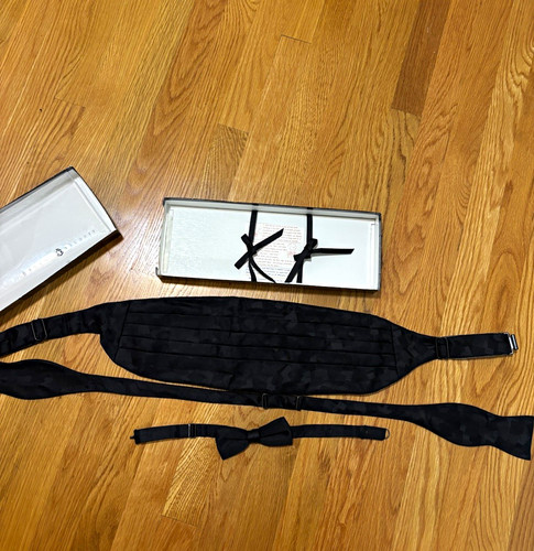 Robert Talbott Pure Silk Black Geometric Jacquard Cummerbund & Bow Tie Set