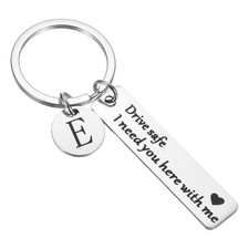 For Drive Safe Keychain, Letter E Keychain with Message, Silver