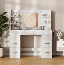 Vanity Desk with Mirror, LED Lights and Power Outlet Makeup Vanity Table