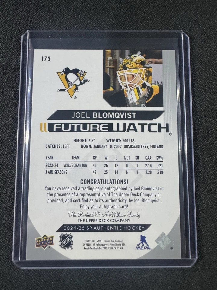 JOEL BLOMQVIST 2024-25 SP AUTHENTIC FUTURE WATCH AUTO /999 #173 - Изображение 2 из 2