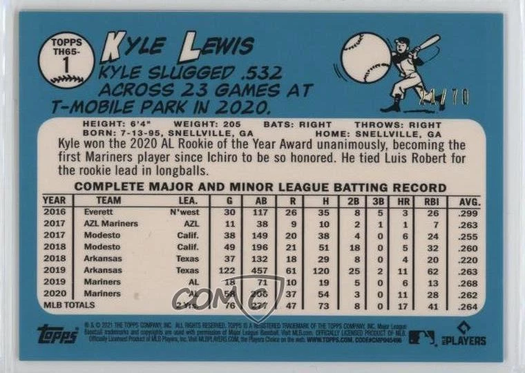 2021 Topps Chrome 1965 Topps Redux Red Refractor Border /70 Kyle Lewis #TH65-1 - Image 2 of 2