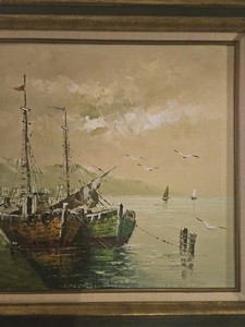 Vintage Paolo Stirrat Oil Painting of Fishing Boats Dock Harbor Nautical, Signed