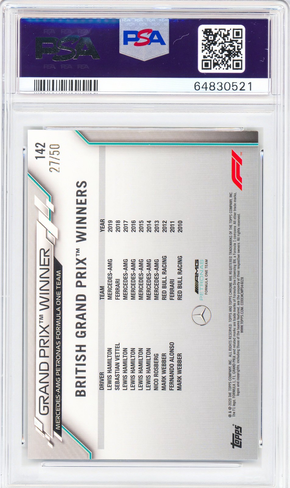2020 Topps Chrome Lewis Hamilton Gold Wave /50 PSA 8 (NONE HIGHER) Formula 1 F1 view 2
