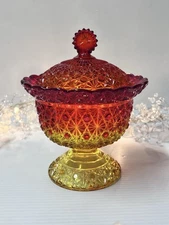 Vtg L.E. Smith Cadmium Amberina Daisy & Button Covered Compote Candy Dish Lid 8”