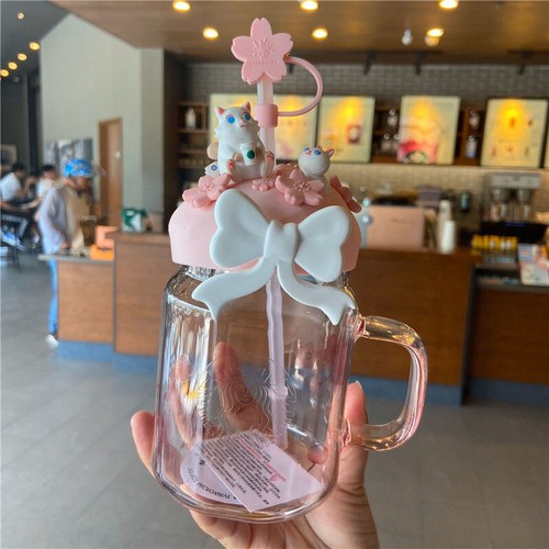 Starbucks Pink Sakura Cat Straw Cup + Cherry Blossom Topper Glass Bottle Tumbler - Picture 1 of 6