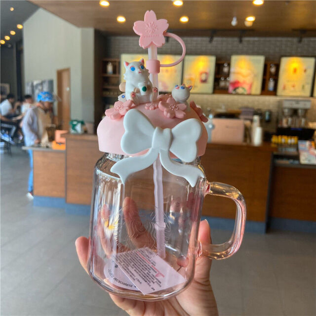 Starbucks Pink Sakura Cat Straw Cup W/ Cherry Blossom Topper Water Glass Bottles Starbucks Pink Sakura Cat Straw Cup W/ Cherry Blossom Topper Water Glass Bottles