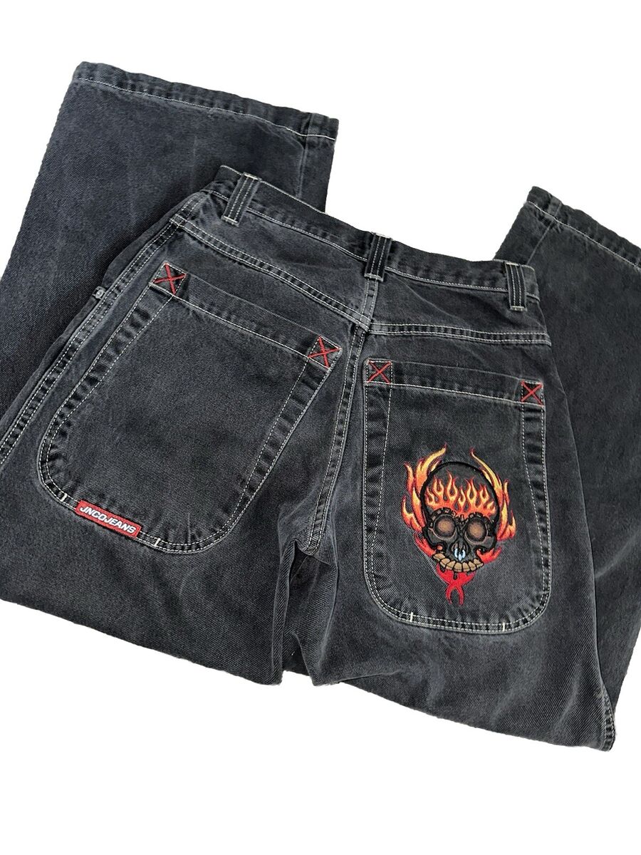 VTG 90's 30x30 JNCO JEANS FLAMING SKULL FIRE EMBROIDERED VTG 90's 30x30 JNCO JEANS FLAMING SKULL FIRE EMBROIDERED