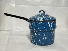 Vintage Blue & White Swirl Graniteware Double Boiler Insert w/ Top