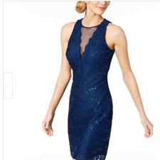 Nightway Sequined Lace Sheath Dress Size 10 DARK BLUE llusion-Neck Sleeveless