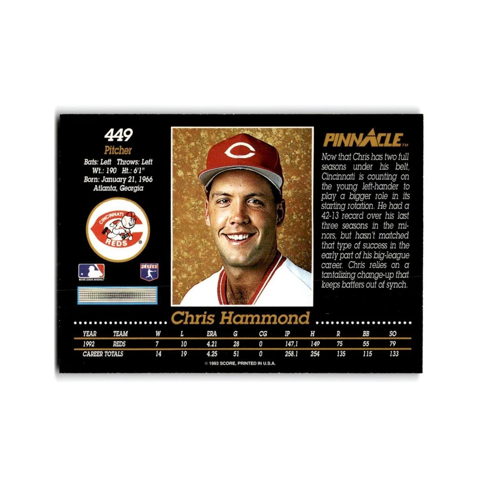 Chris Hammond 1993 Pinnacle #449 Cincinnati Reds Baseball Card NM - Image 2 of 3
