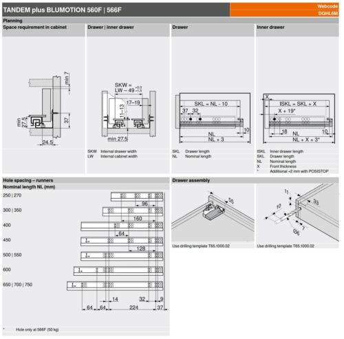 Blum 560F TANDEM Blumotion Cabinet Runners Full Extension Undermount Max 30kg - Picture 2 of 4