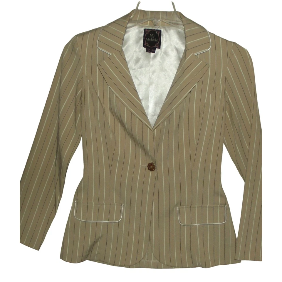 My Michelle Blazer 5/6 Tostado Beige Rayas Un Botón Chaqueta Blanco Marrón Traje Largo Foto 2 de 4