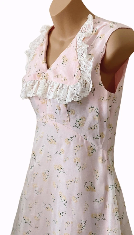 Vintage 60's 70's Pink Flocked Daisies Bridesmaid Sleeveless Prom Dress Boho  10 - Image 4 of 4