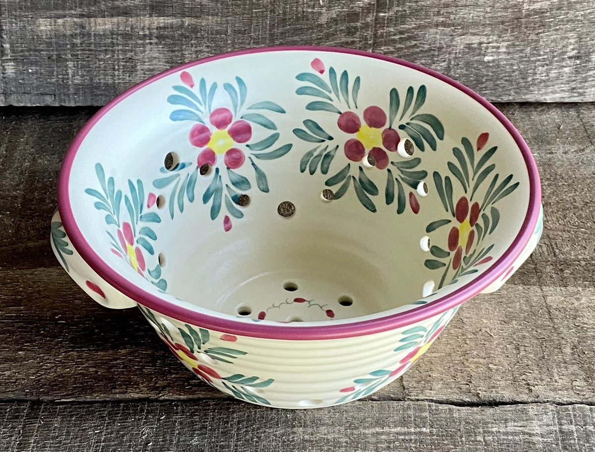 New Debco Stoneware Berry Bowl Ceramic Colander Floral Cherry
