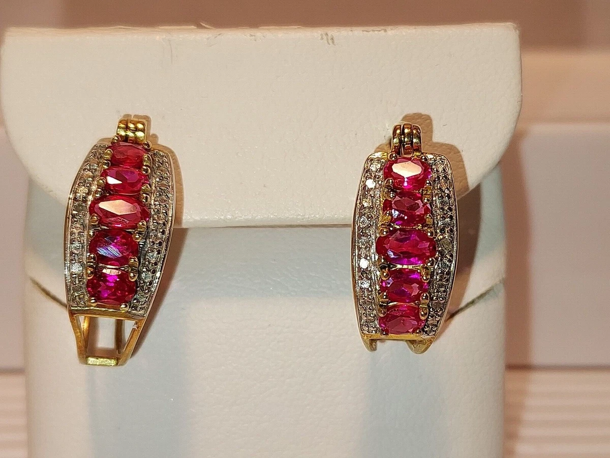 3 CARATS OVAL CREATED RUBY HOOP EARRINGS Gold Over 925 STERLING