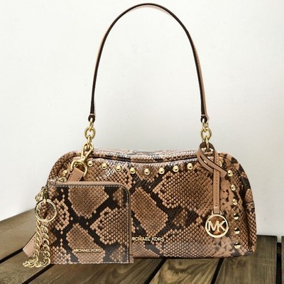 Michael Kors Cecily Women Small Snake Embossed Shoulder Bag+Zip Wallet Set Camel