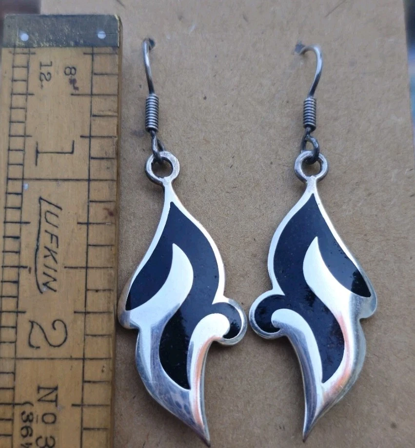 复古 Taxco 墨西哥纯银黑色珐琅火焰耳环 925 签名电视-25 — 第 2/4 张图片
